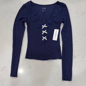 PacSun Navy Long Sleeve Top with Lace and Bow Accents